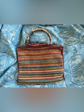 Vintage Multicolor Crochet Tote Bag Purse with Bamboo Handles